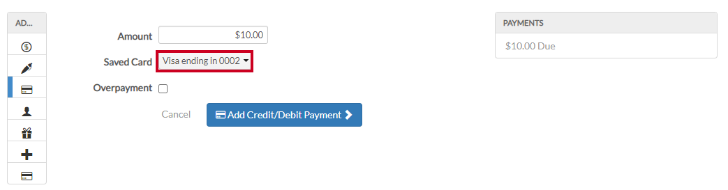 image of the payment screen found within the internal side of Recreation Management software highlighting the saved card type