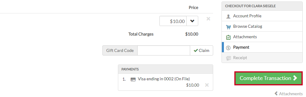image of the payment screen found within the internal side of Recreation Management software highlighting the complete transaction button
