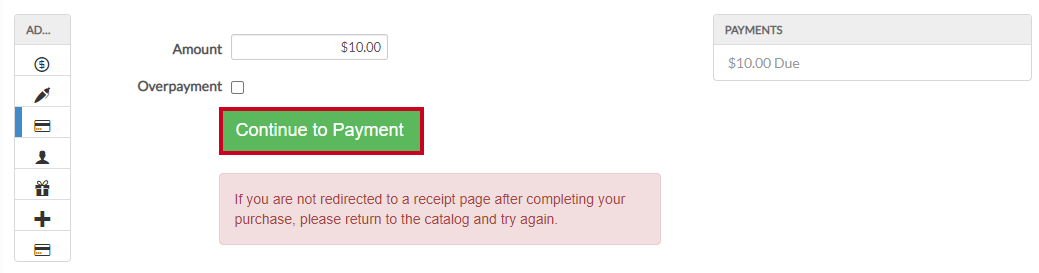 image of the continue to payment button on the internal checkout page