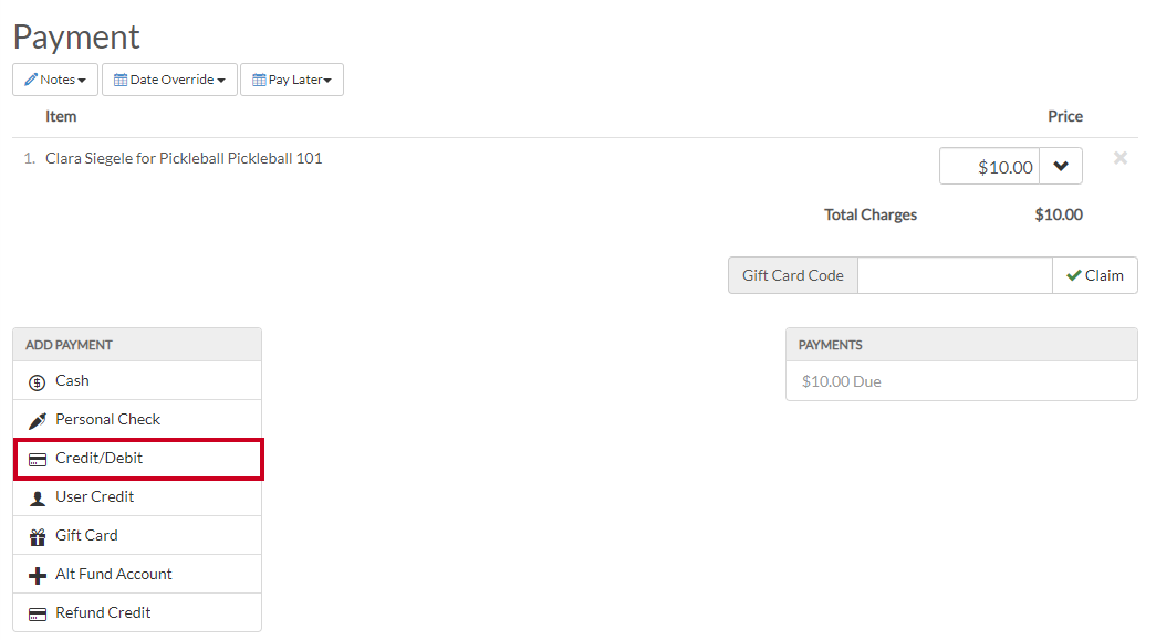 Image of the credit debit payment type being selected in the internal checkout page