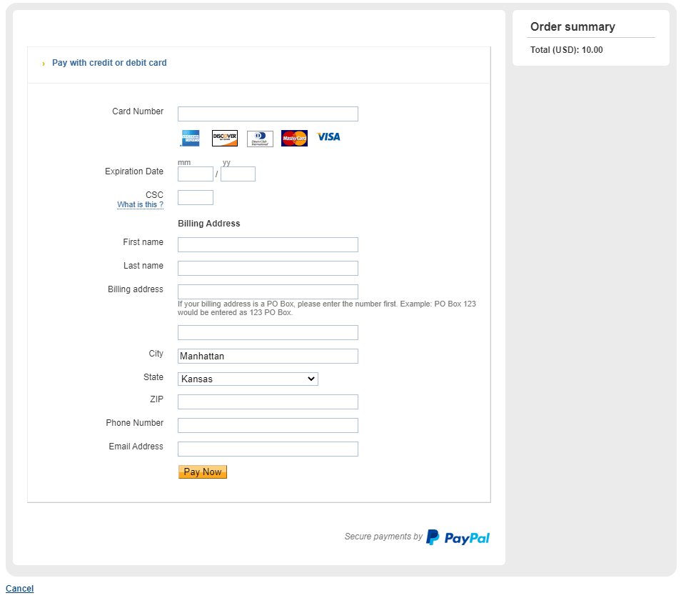 paypal payment fields
