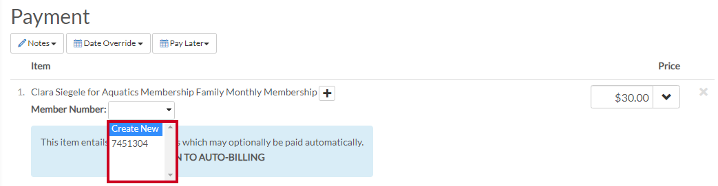 payment screen member number
