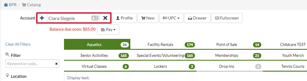 catalog section with account details