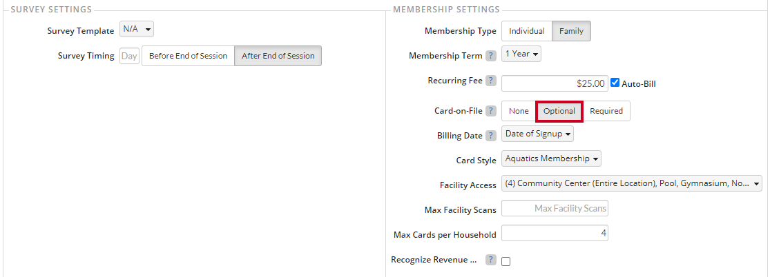 membership settings, card on file optional toggle