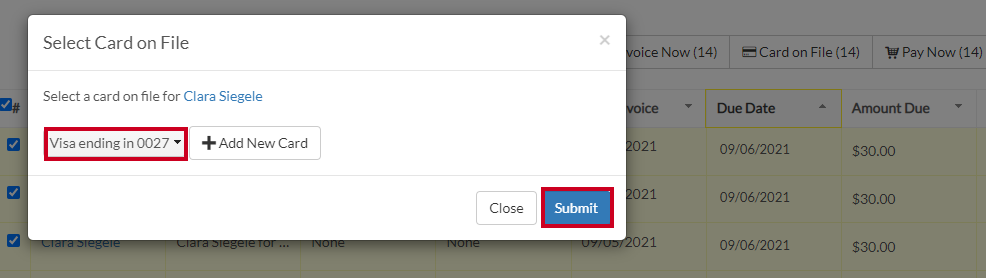 submit button for card on file