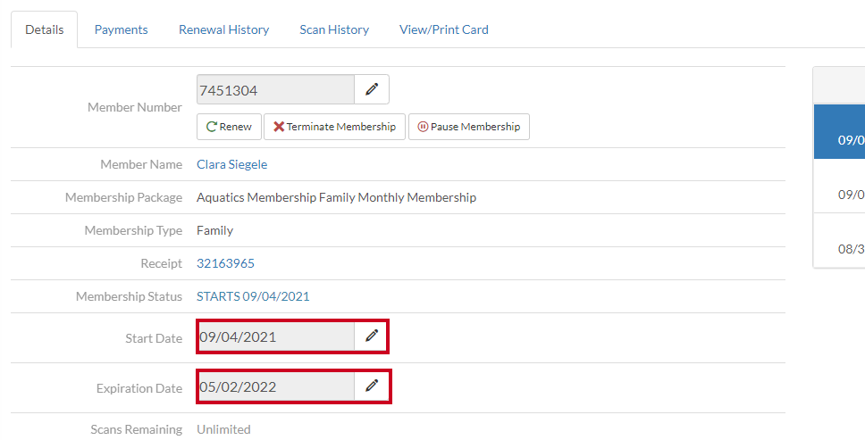 membership start and expiration dates