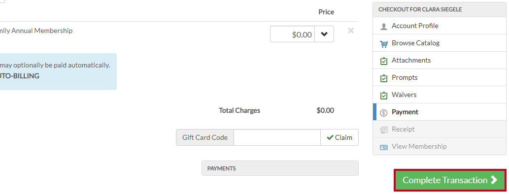 checkout details with complete transaction button