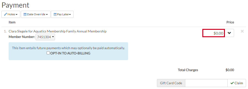 Rec Management - Getting Started - Manual Migration of Auto-Billing Memberships - Change Price to 0.