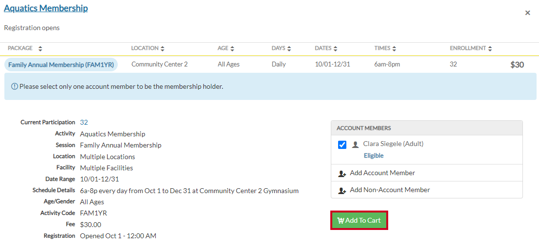 membership account add to cart button