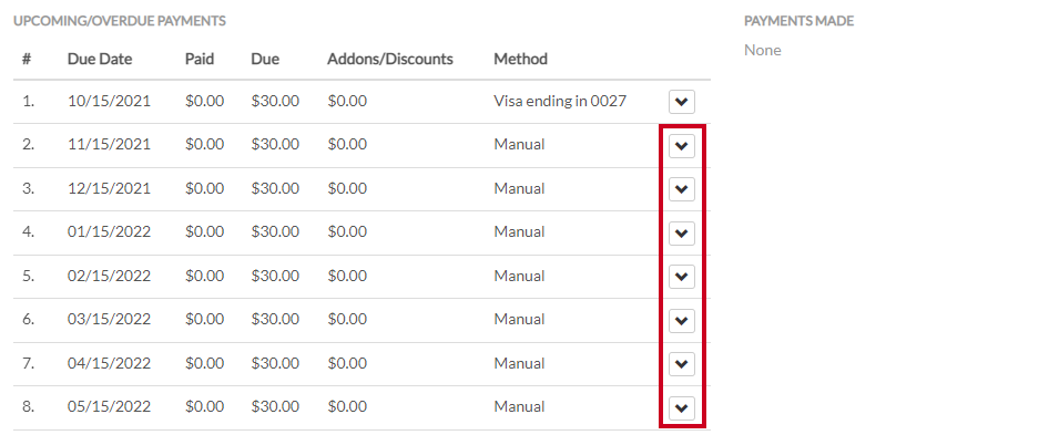 payments information method dropdown arrows