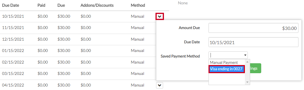 saved payment method dropdown list