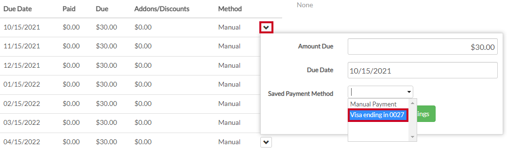 saved payment method
