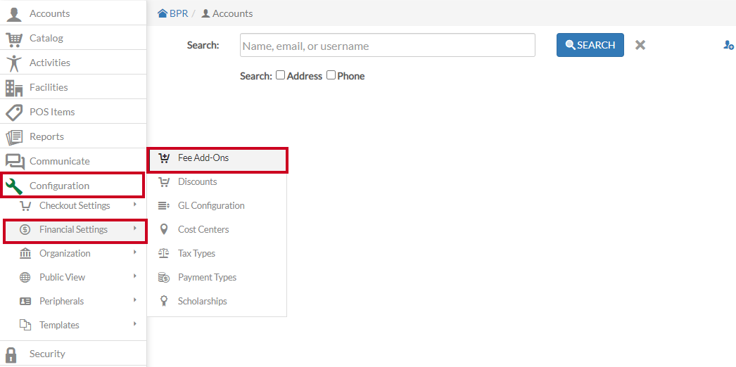configuration - financial - fee add ons