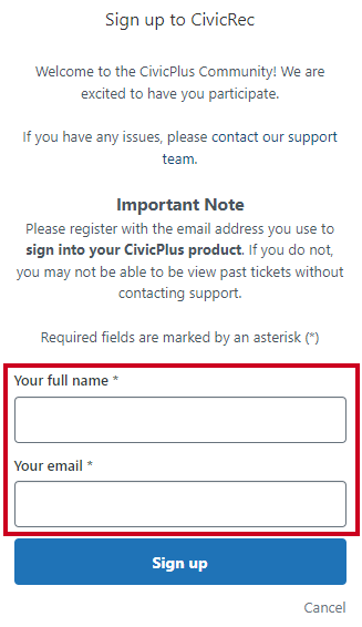 Rec Management Sign Up Dialog Box Your Full Name and Your Email Fields.