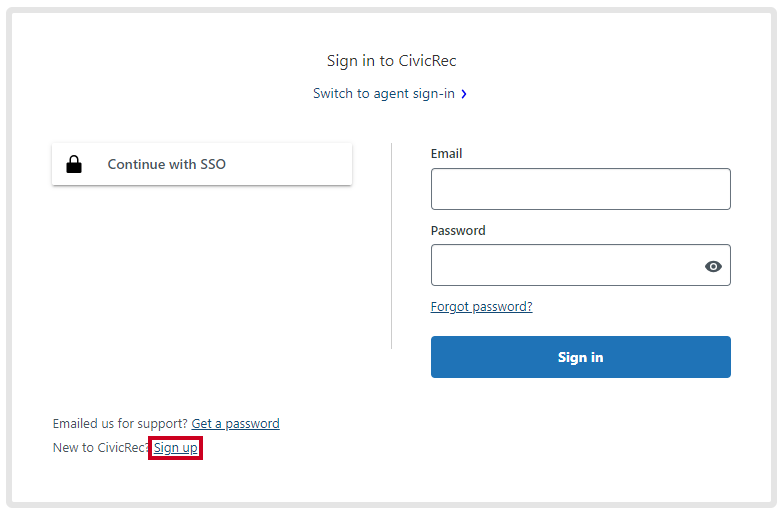 Rec Management Help Center Sign Up Dialog Box Sign Up Link.
