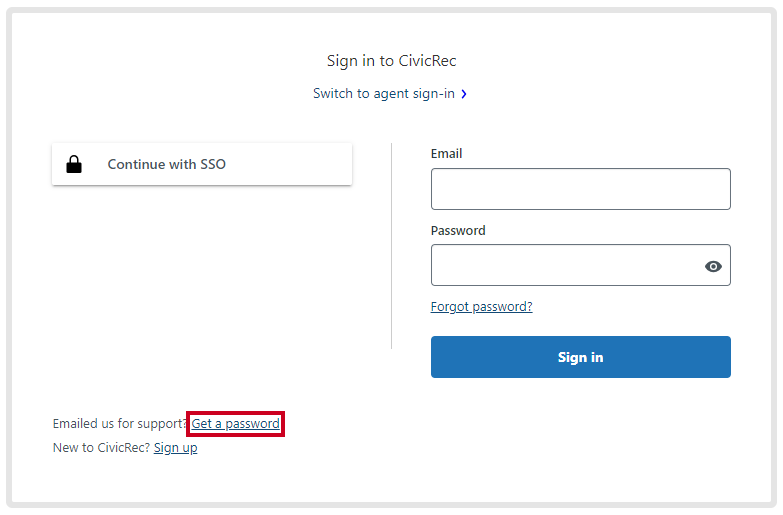 Rec Management Help Center Sign Up Dialog Box Get a Password Link.