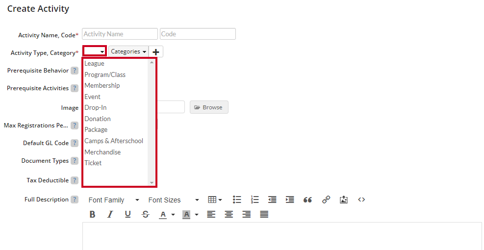 create activity, activity type options