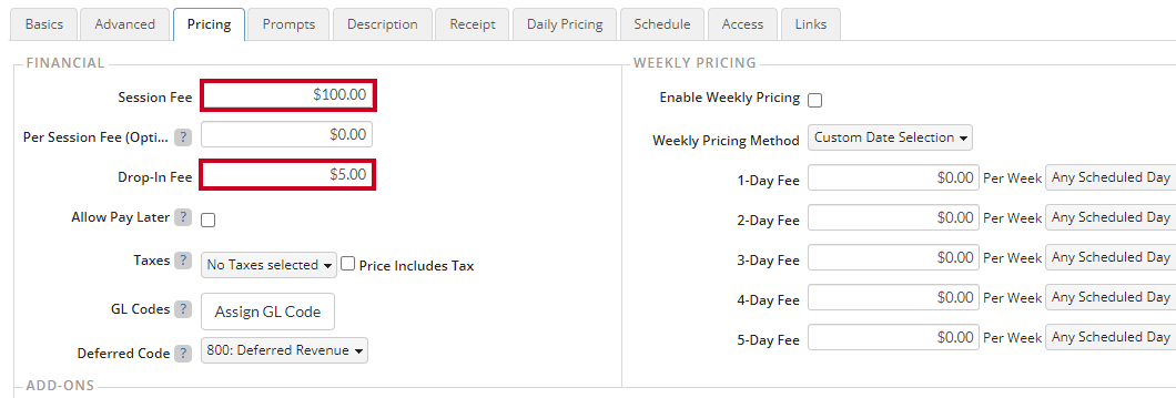session and drop in fees