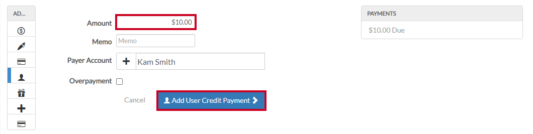 add user credit payment