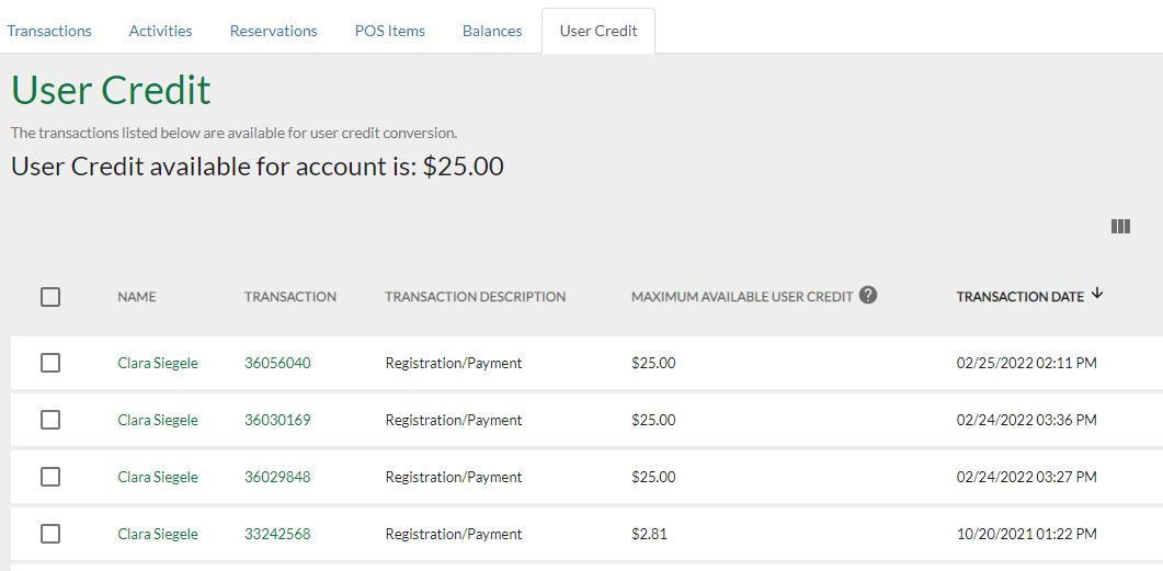 user credit transactions