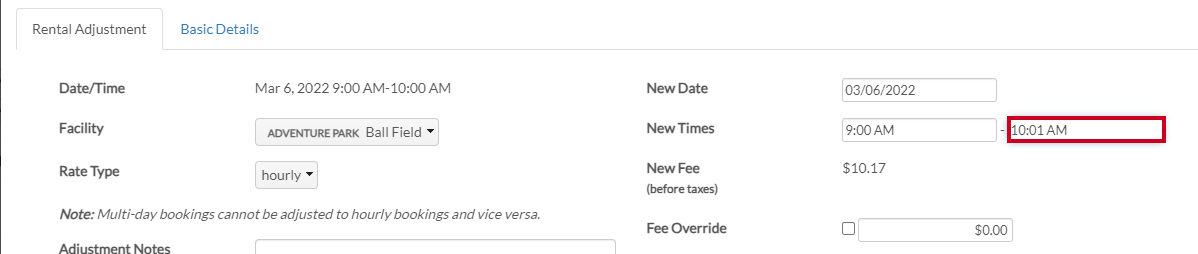 The New Times fields allow the user to edit the times of a rental transaction if there is a conflict with another rental.