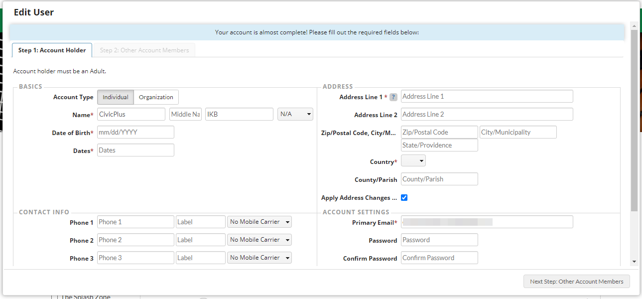 account holder fields