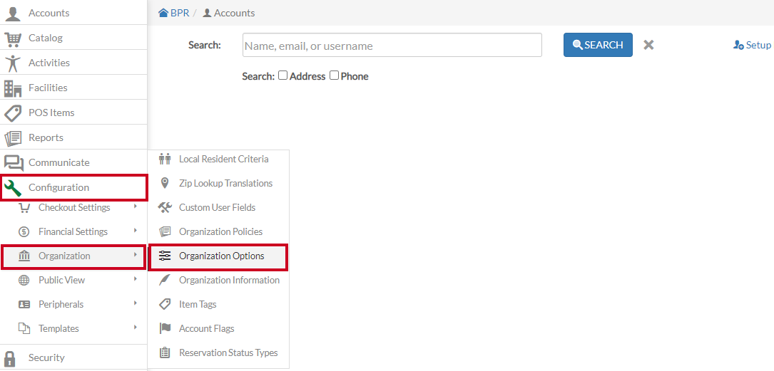 Rec Management Configuration Organization Organization Options.