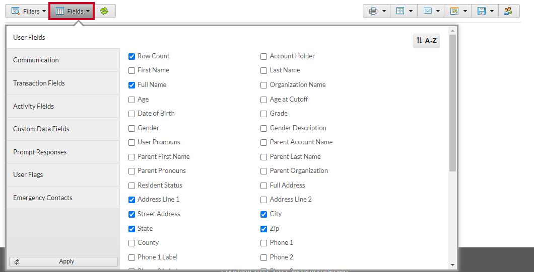 Rec Management Reports People Finder Fields Dropdown and Checkbox Options.