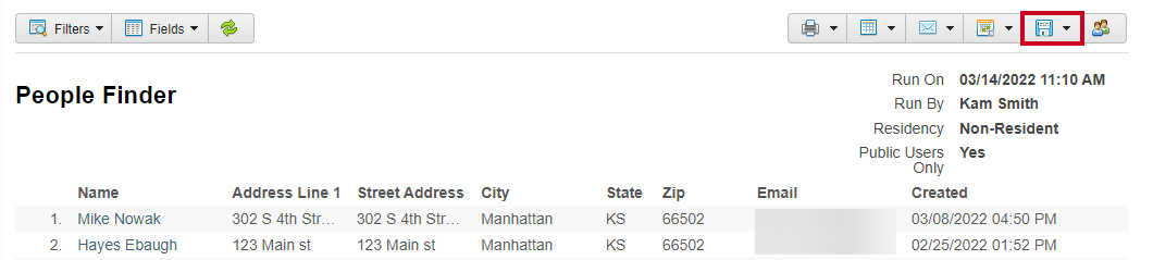 Rec Management Reports People Finder Save Icon.