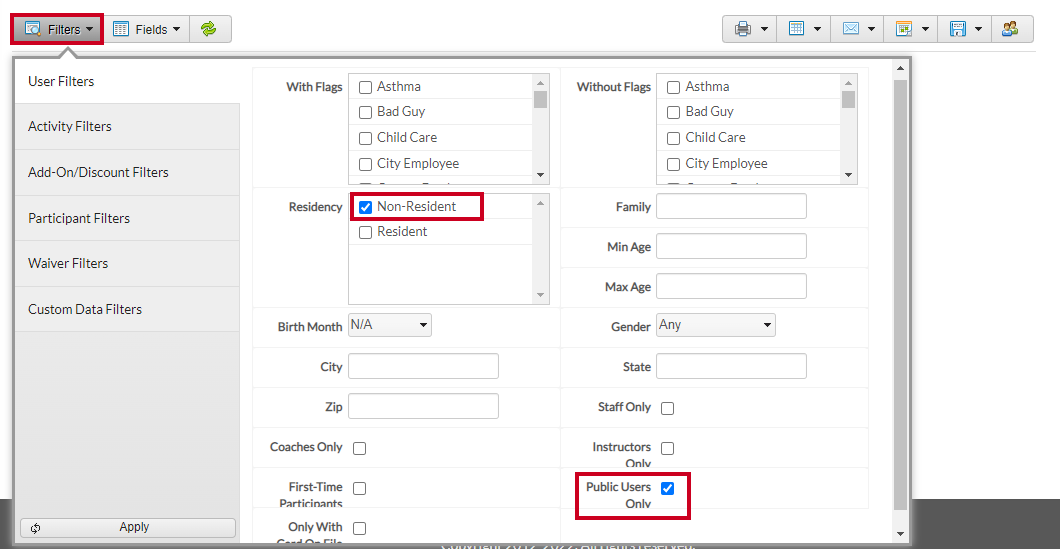 Rec Management Reports People Finder Filters Dropdown Non-Resident and Public Users Only Checkboxes.
