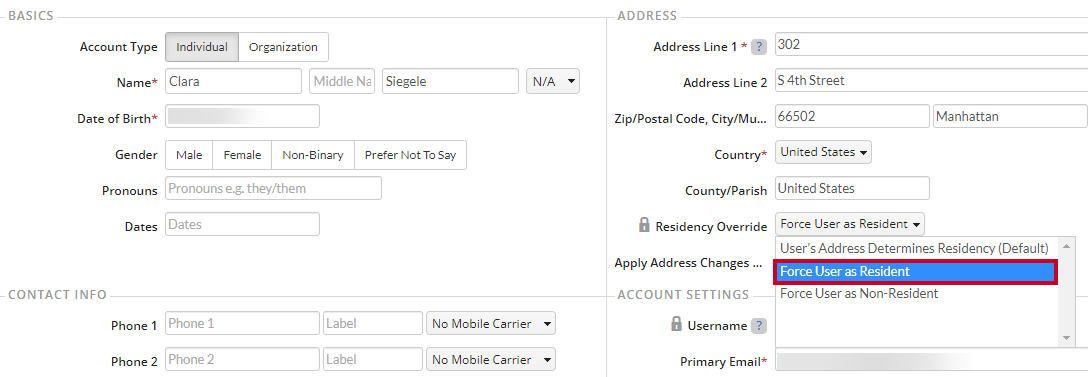 Rec Management Accounts Edit User Residency Override Force User as Resident Option.