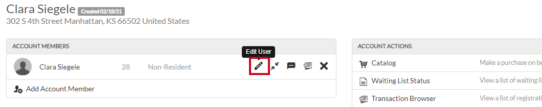 Rec Management Accounts Edit User Icon Adjacent to Selected Account.