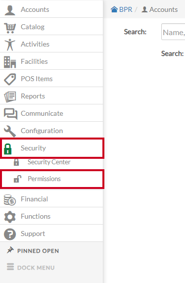 The permissions option is highlighted under the Security menu on the left-hand navigation.