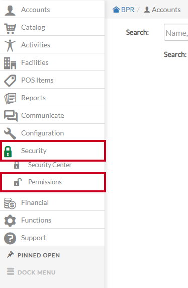 Security's Permissions option in the navigation menu.