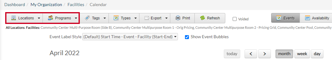 Locations filter button and programs filter button.