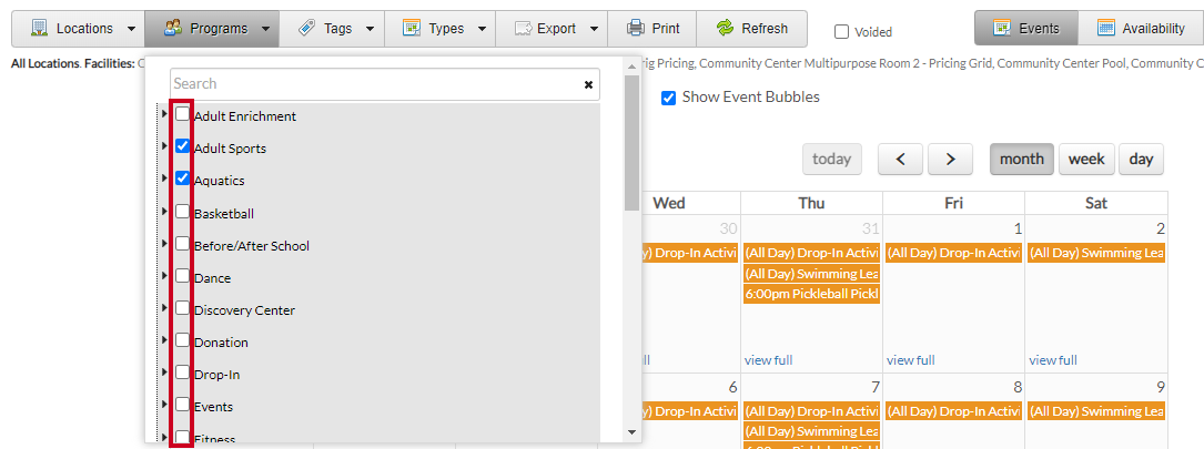Locations and programs filter options checkboxes.