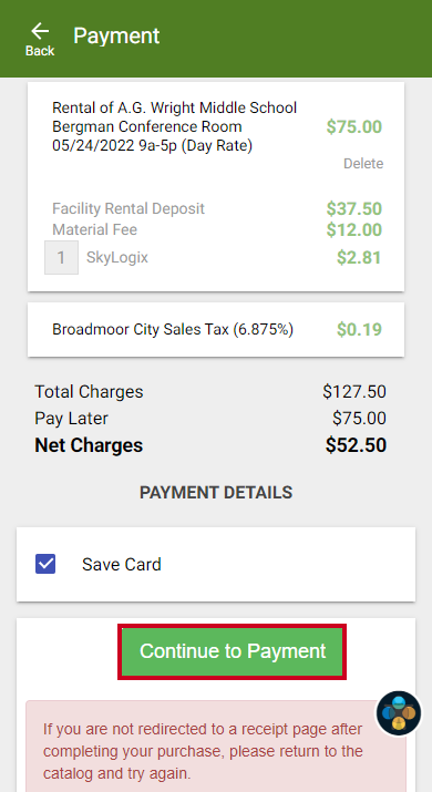 continue to payment button.