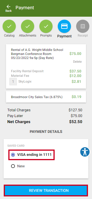 image of the saved card on file selected on the mobile checkout page