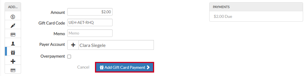 add gift card payment