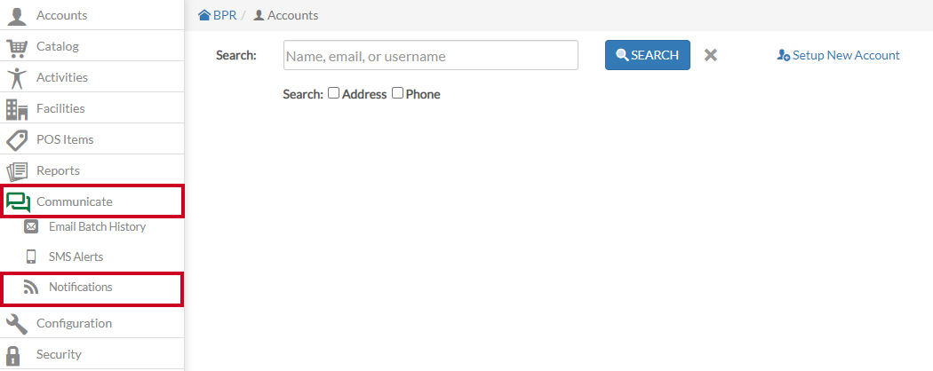 left-hand menu, communicate option, notifications option