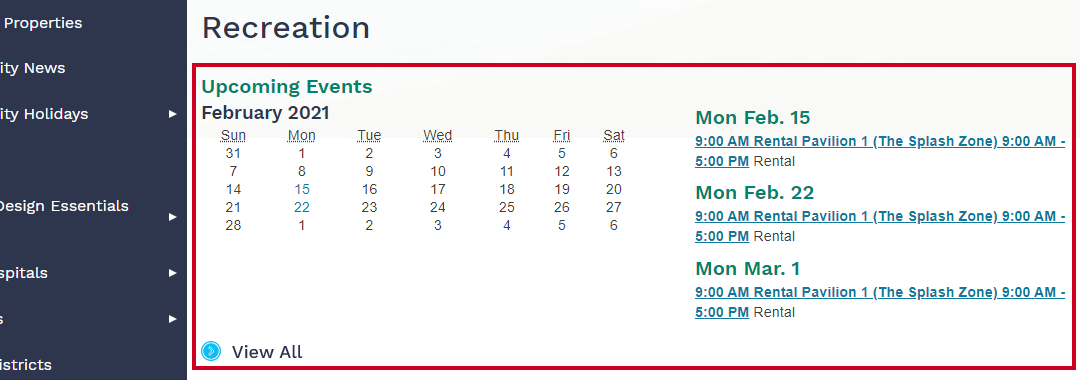 Calendar widget displaying calendar feed on a page.