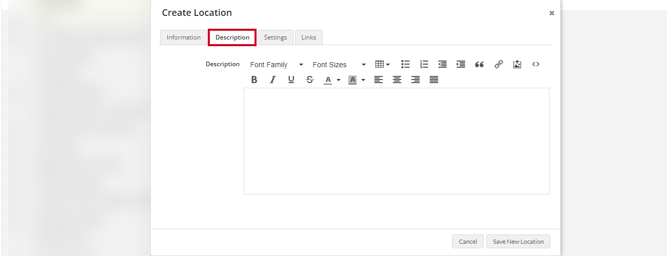 Create Location's description tab with input fields.