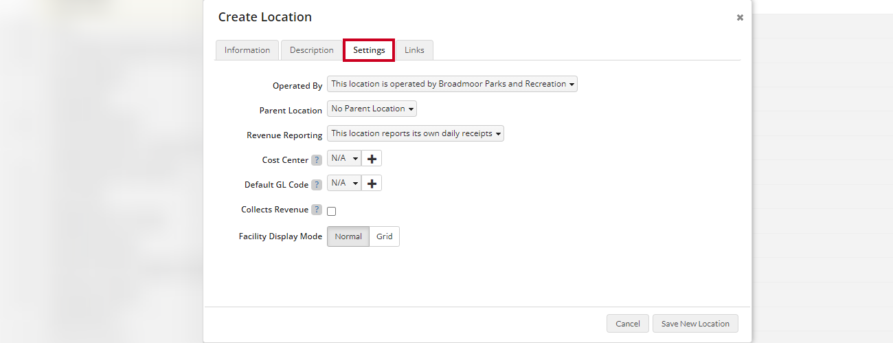 Create location's settings tab with input fields.