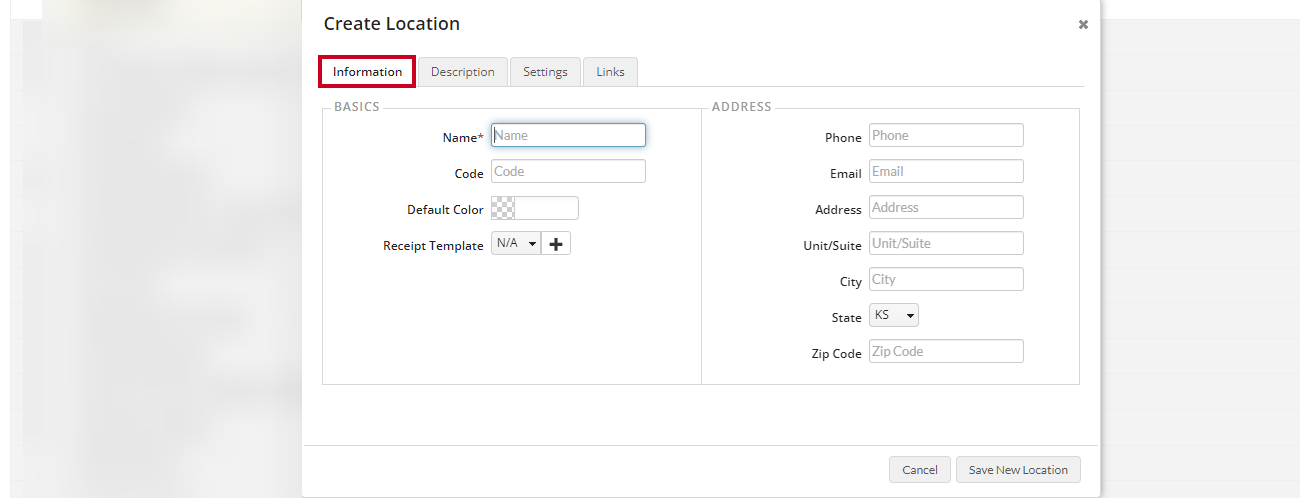 Create Location's information tab with input fields.