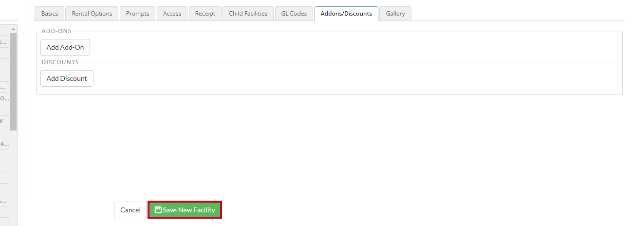 The Addons and Discounts tab's save new facility button.