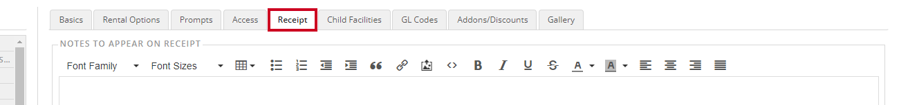 Receipt tab with a text editor for notes.