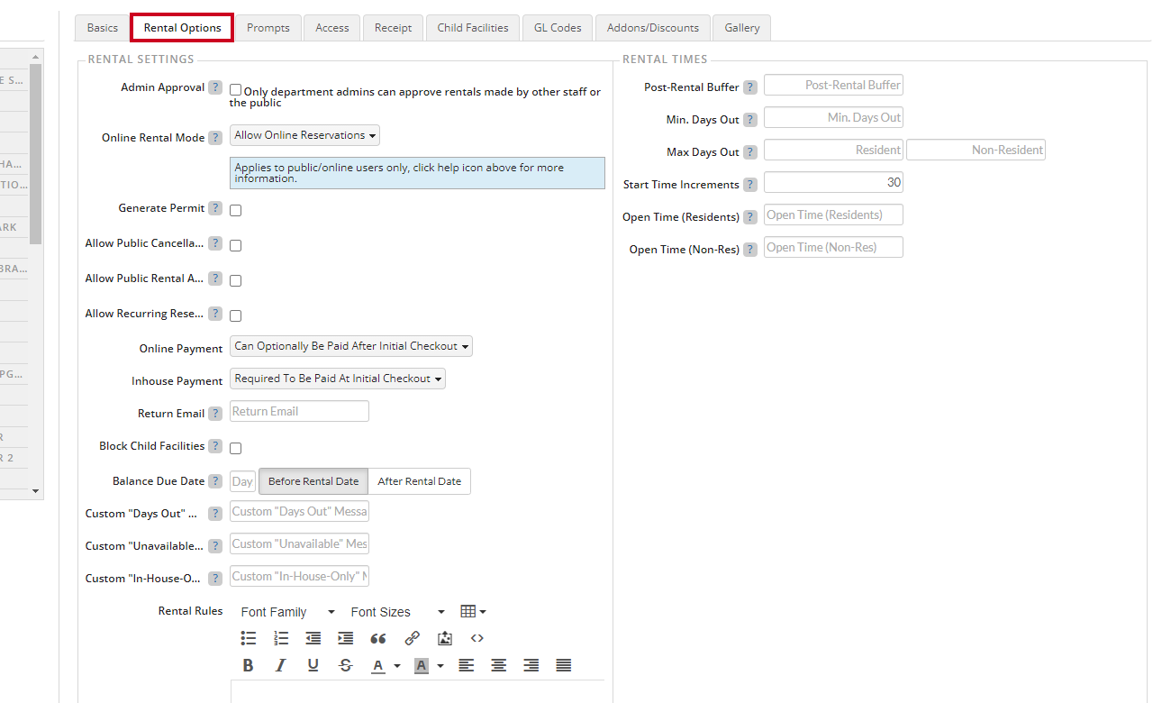Rental Options tab with input fields.