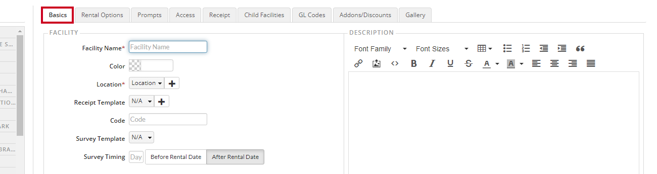 Basics tab with input fields and description text editor.
