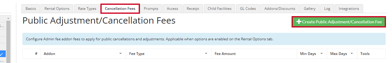 Cancellation fees tab with the create public adjustment or cancellation fee button.