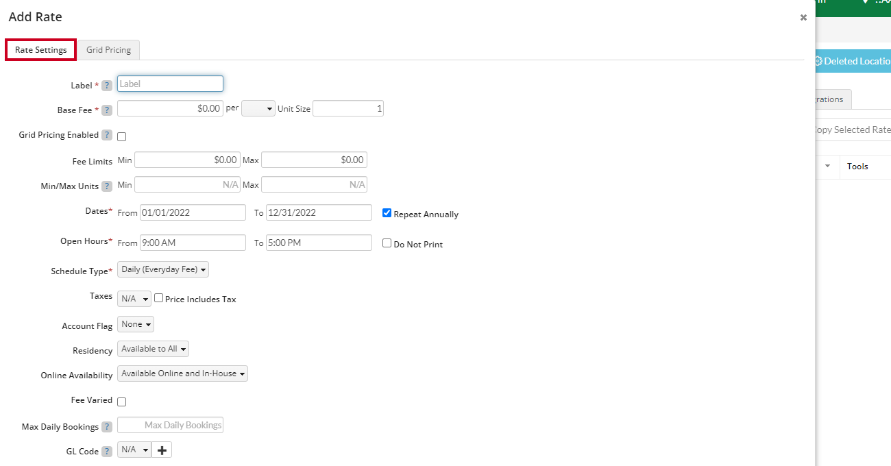 Rate settings tab's input fields.